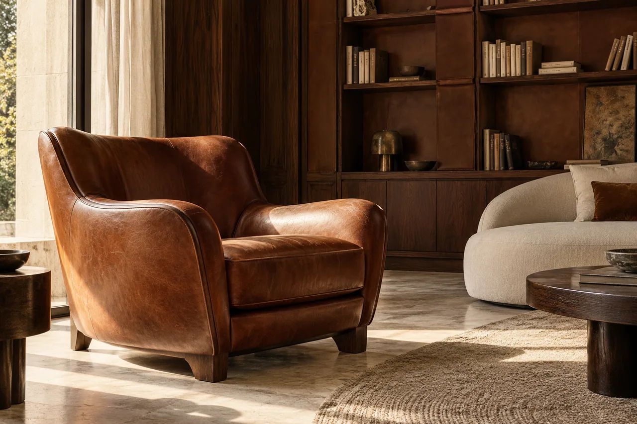Étude conceptuelle : fauteuil sculptural et bibliothèque gainée de cuir dans un salon privé