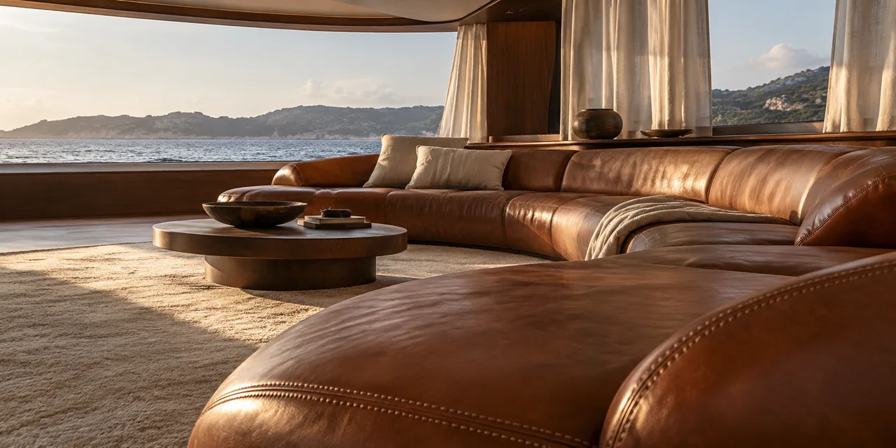 Étude conceptuelle : salon de yacht, banquettes de cuir cognac et boiseries de noyer