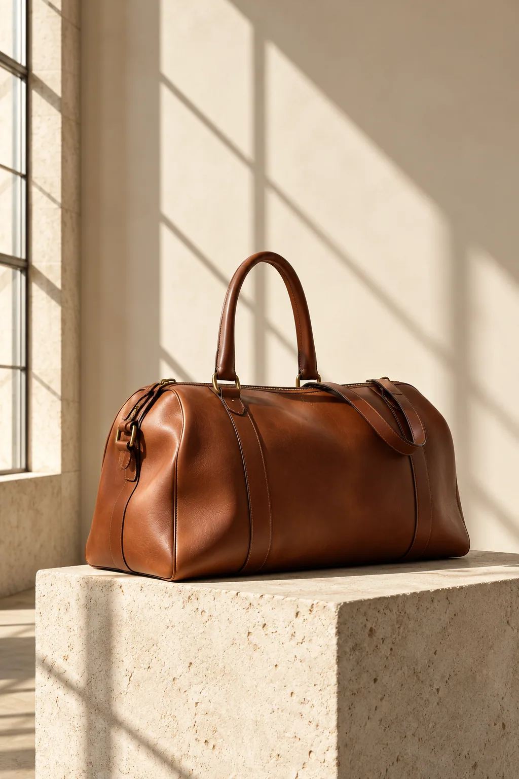 Sac de voyage conceptuel en cuir cognac sur un socle de pierre ivoire